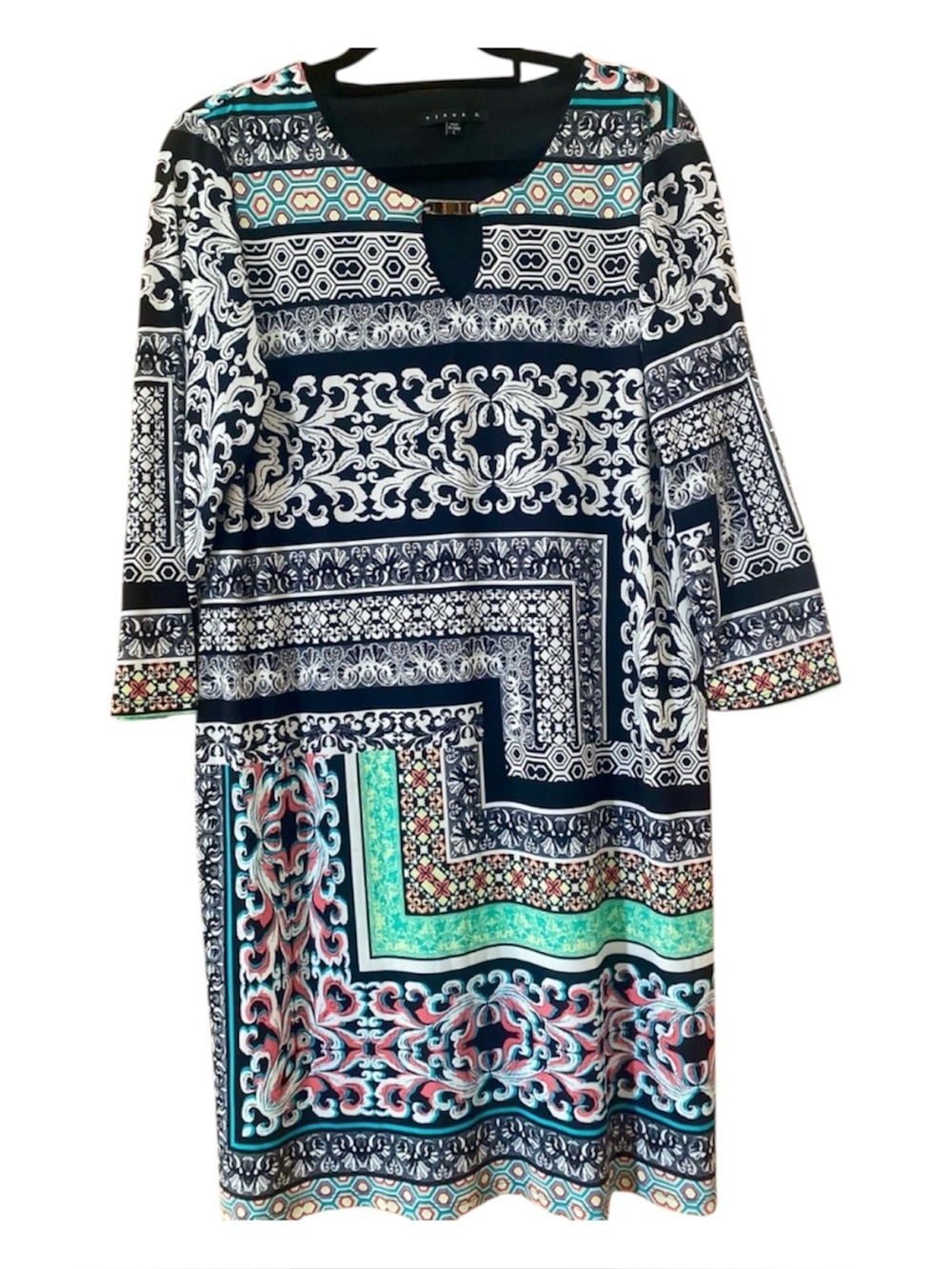 Tiana B Baroque Scarf Print Shift Dress Gold Hardware Keyhole 3/4 Sleeve L